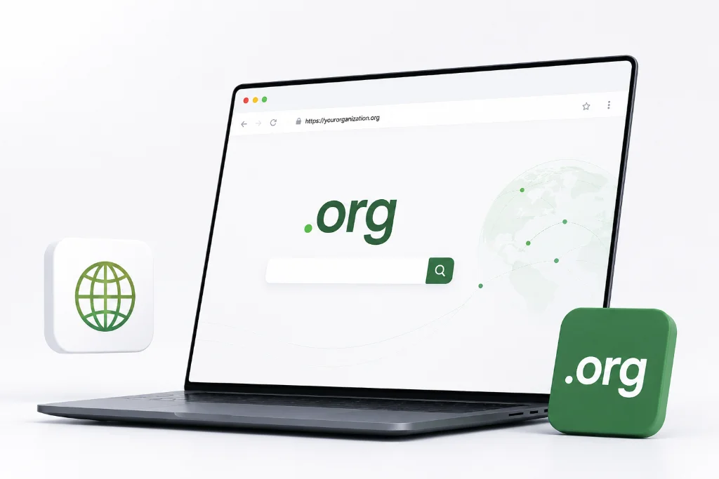 Official .org domain registration search page mockup on a laptop