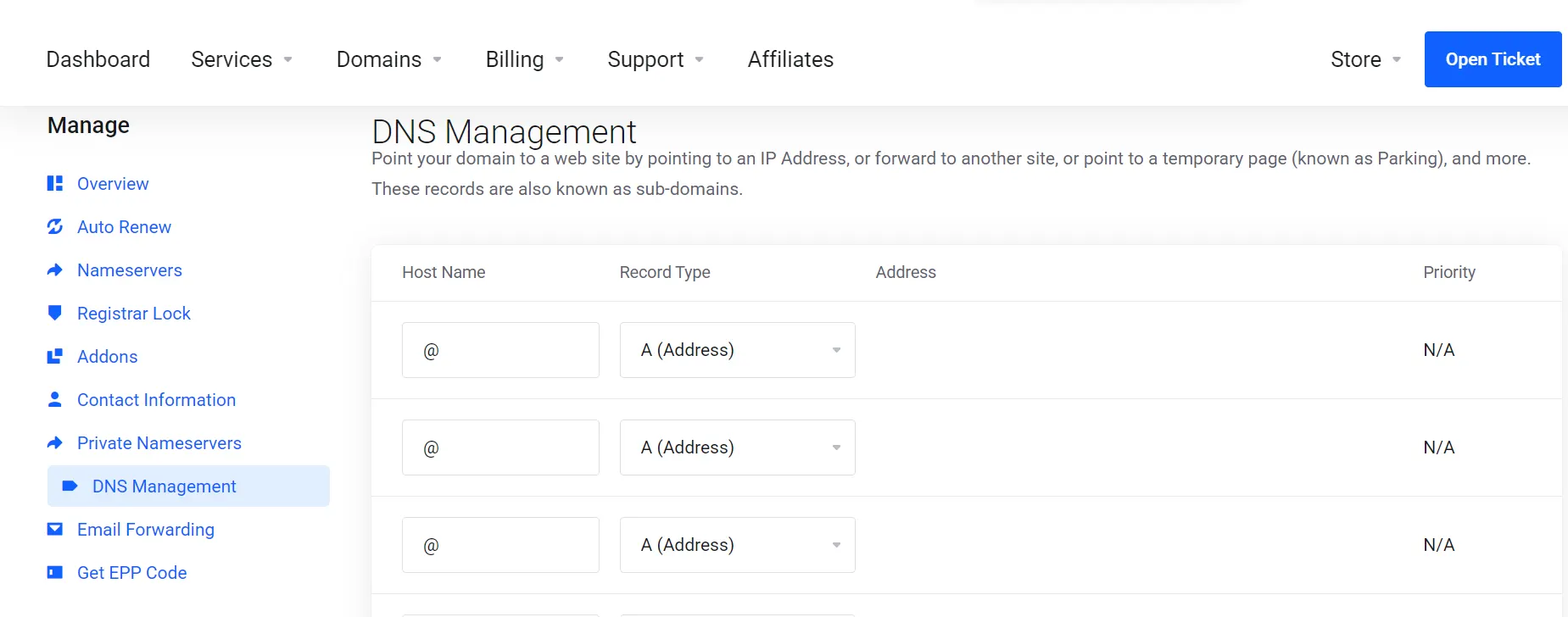 Point your domain to a web site by pointing to an IP Address, or forward to another site, or point to a temporary page (known as Parking), and more. These records are also known as sub-domains.