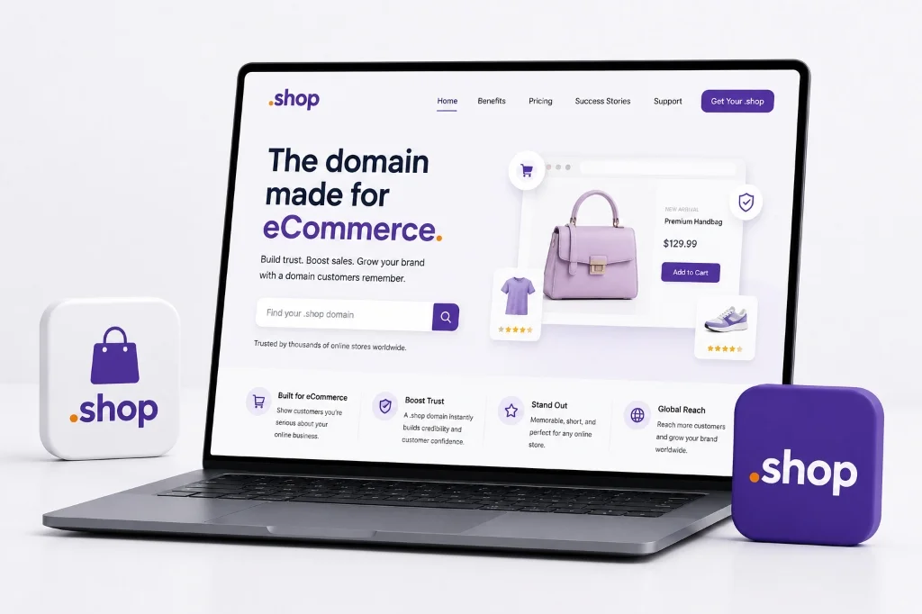Global eCommerce website mockup on a laptop showing a .shop domain with purple theme