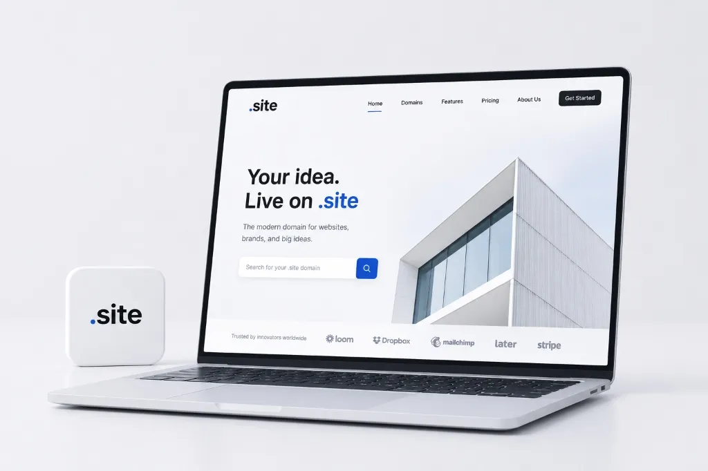 Laptop showing a startup SaaS dashboard website on a .site domain