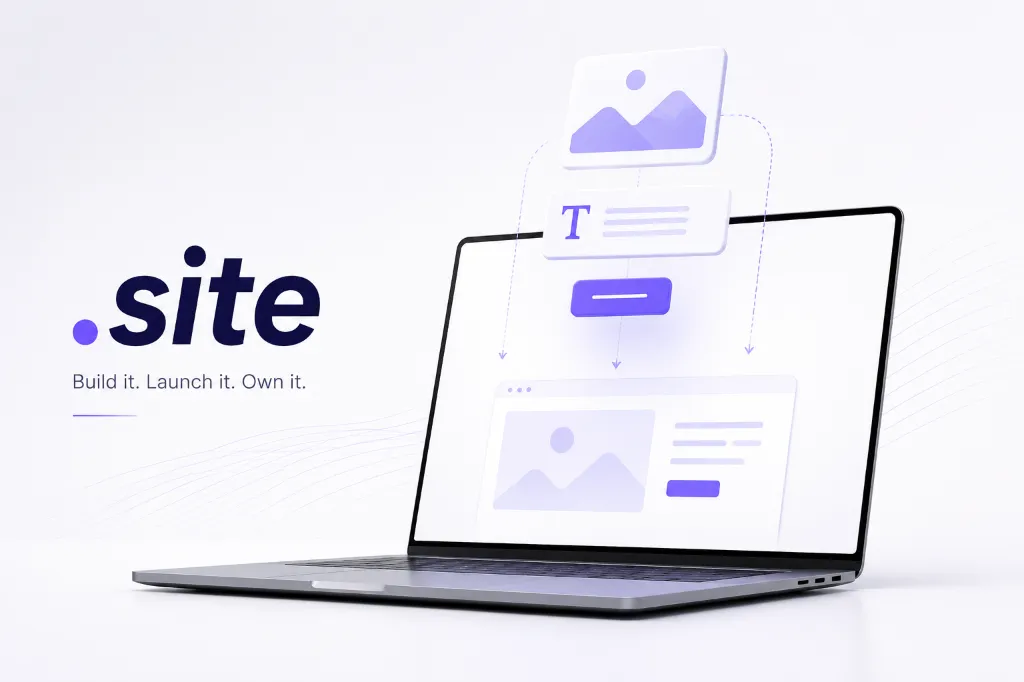 Official .site domain registration search page mockup on a laptop