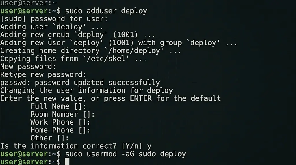 sudo adduser deploy
sudo usermod -aG sudo deploy