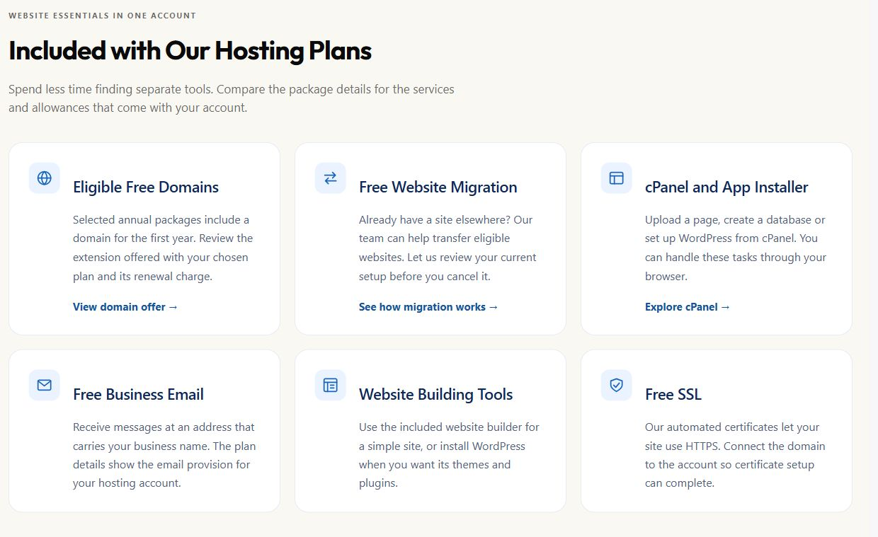 Included hosting benefits: eligible domains, migration, cPanel, business email, website tools and SSL