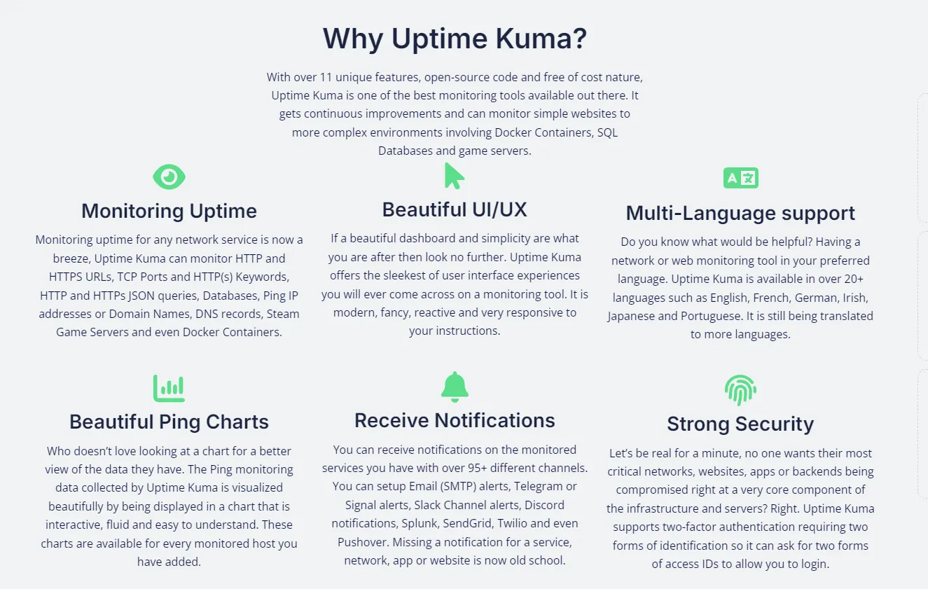 Why Uptime Kuma?
With over 11 unique features, open-source code and free of cost nature, Uptime Kuma is one of the best monitoring tools available out there. 