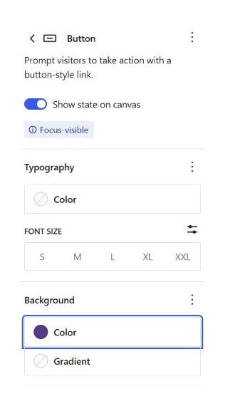Button inspector showing Focus-visible and a purple Background color