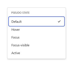 Button state menu listing Default, Hover, Focus, Focus-visible and Active