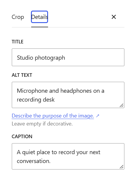 Media Details with separate alt text and caption fields completed for the studio image