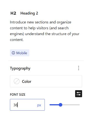 Heading settings with the Mobile badge and a custom font size of 36 pixels