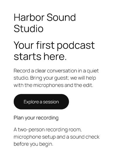 Harbor Sound Studio introduction with a smaller heading and session button on a narrow page