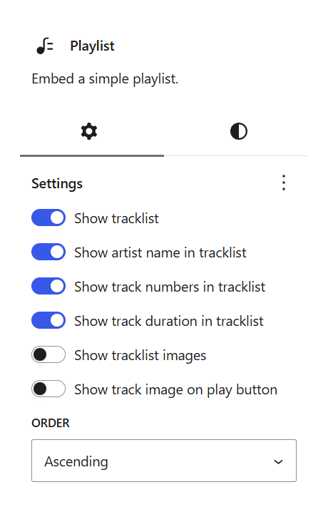 Playlist settings with track list, artist, numbers and duration enabled and images disabled