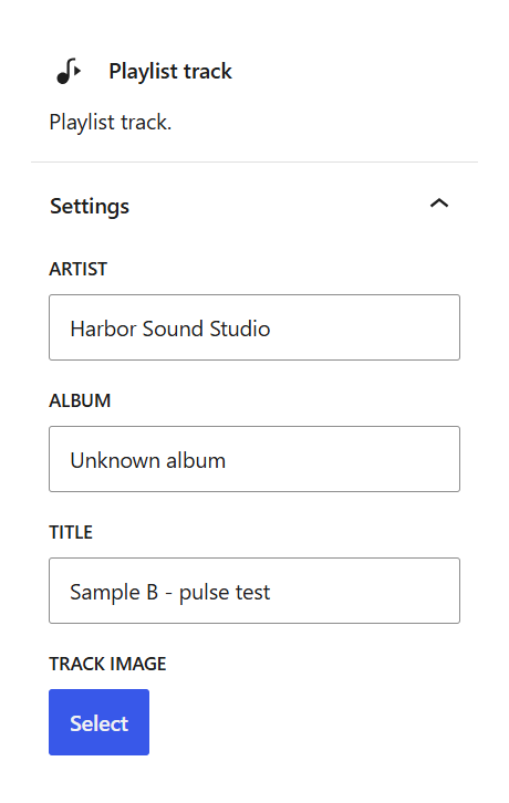 Playlist track settings showing artist Harbor Sound Studio and title Sample B - pulse test