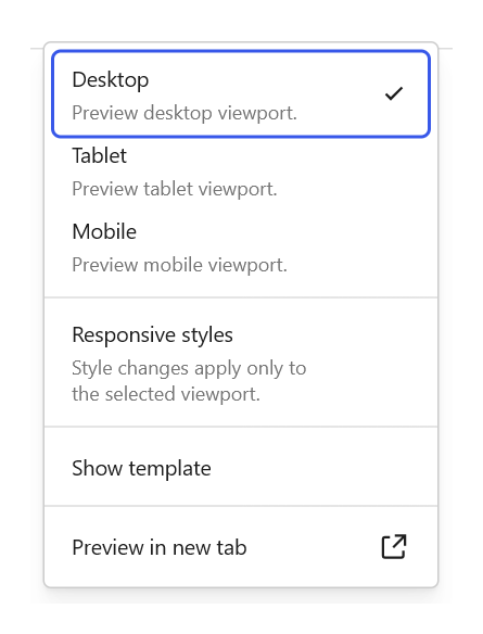 WordPress 7.1 View menu with Desktop, Tablet, Mobile and Responsive styles