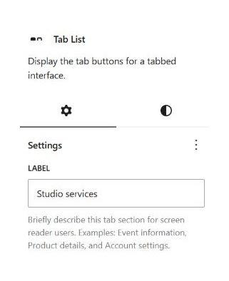 Tab List settings with Studio services entered as the accessible label