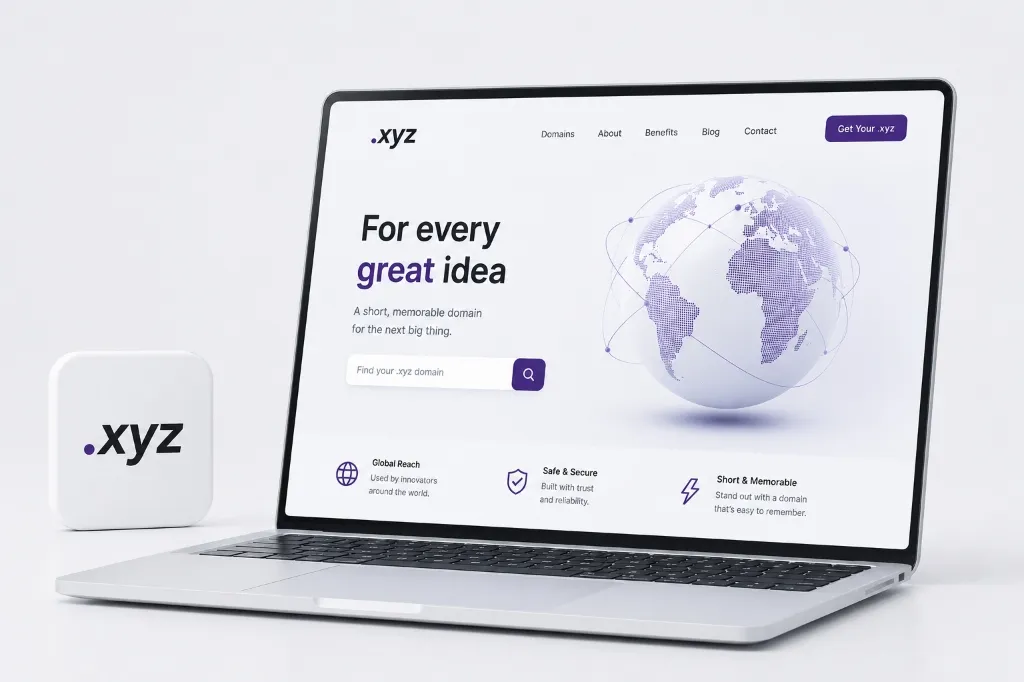 Laptop showing a startup SaaS dashboard website on a .xyz domain